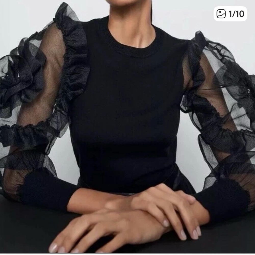 Zara Black Sheer Ruffle Sleeve Blouse